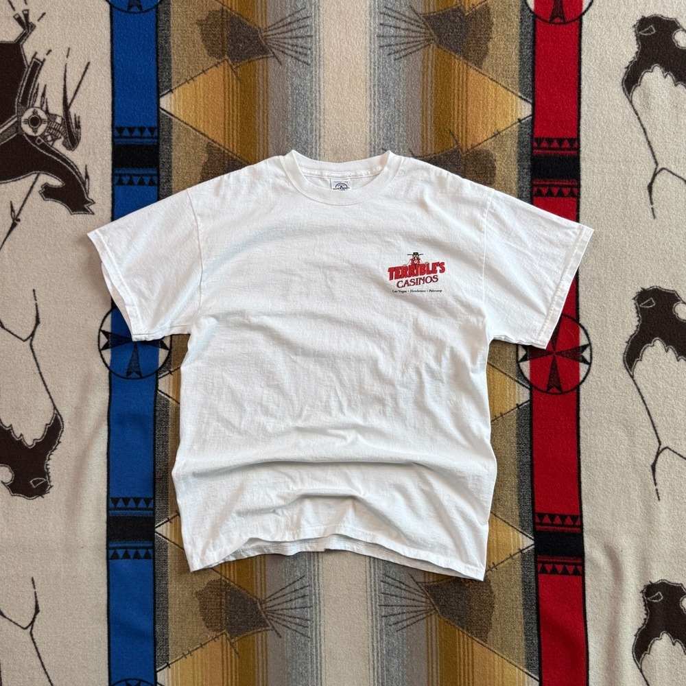 Terrible's Casinos Las Vegas Nevada Graphic T-Shirt White Mens Large Cowboy Logo